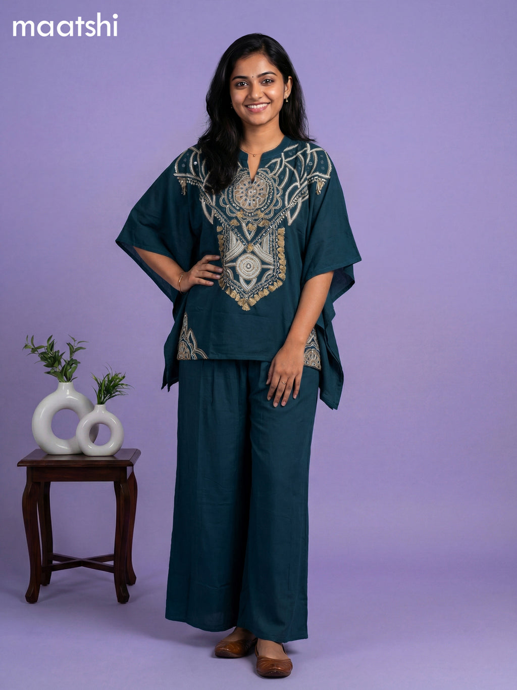 Peacock Green Cotton Embroidery Work Kaftan Dress
