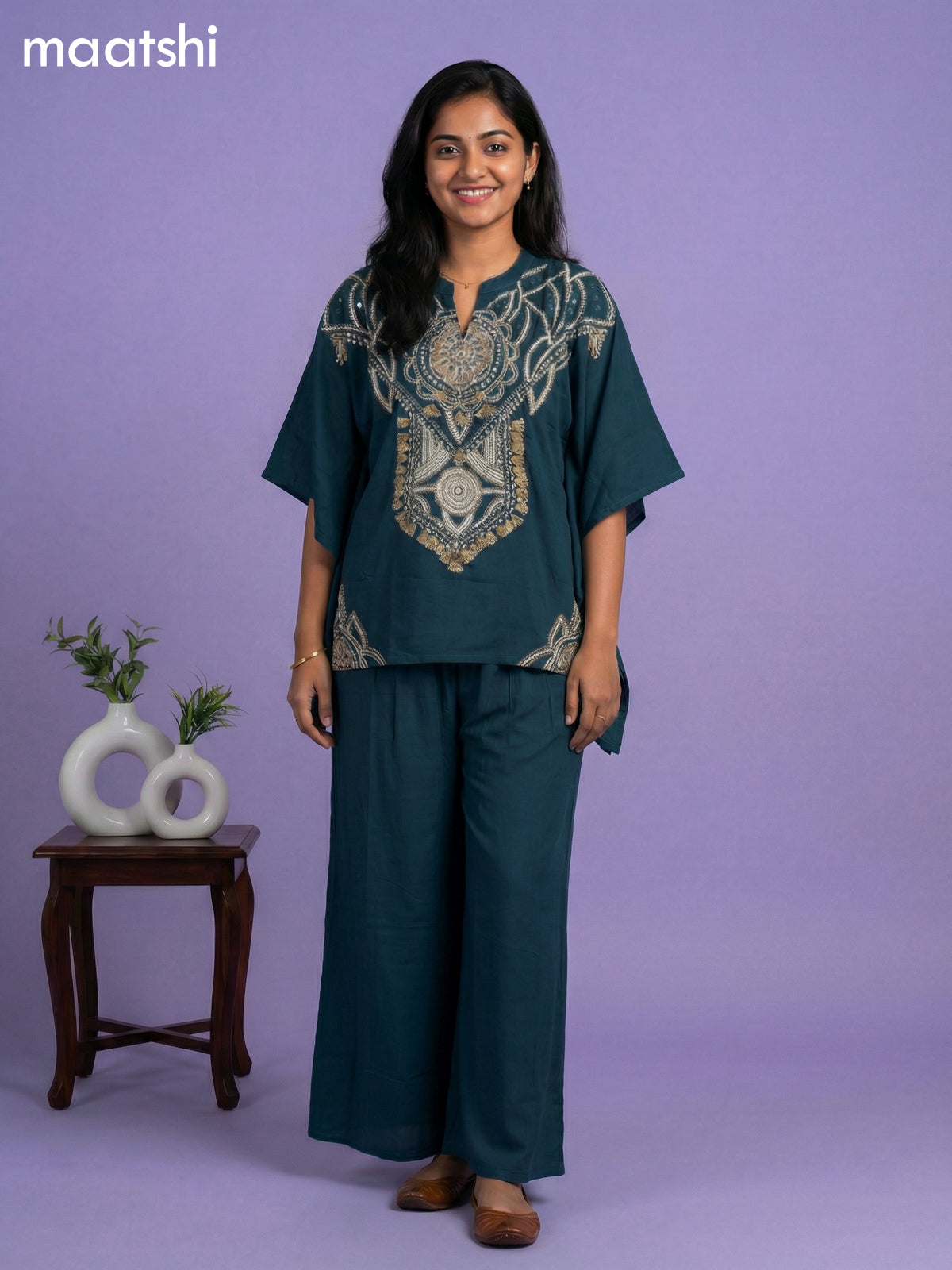 Peacock Green Cotton Embroidery Work Kaftan Dress