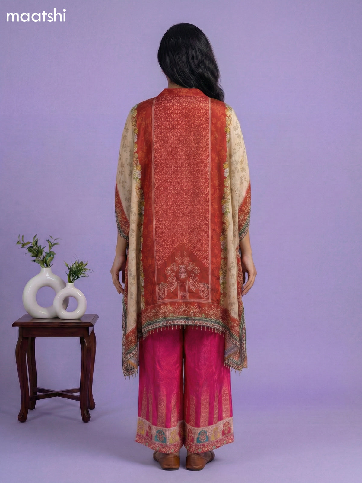 Cream and Maroon Crepe Silk Printed Kaftan Dress