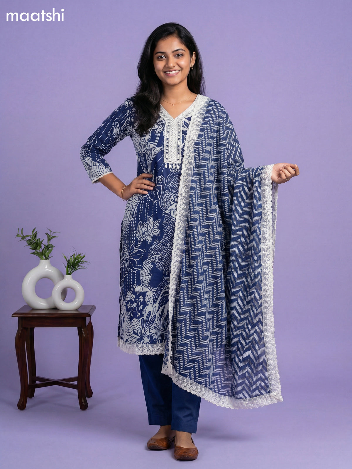 Navy Blue and Off White Chinnon Silk Printed & Mirror Work Pattern Straight Suit