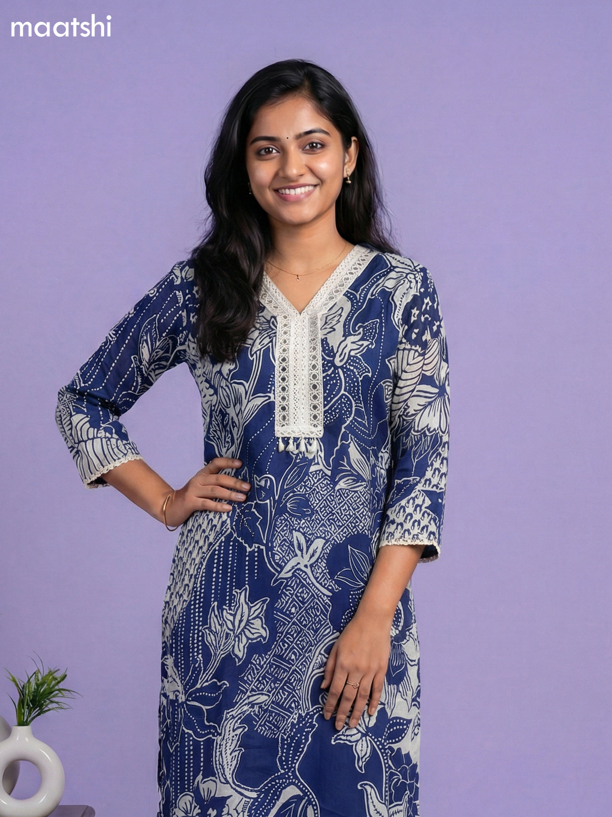 Navy Blue and Off White Chinnon Silk Printed & Mirror Work Pattern Straight Suit