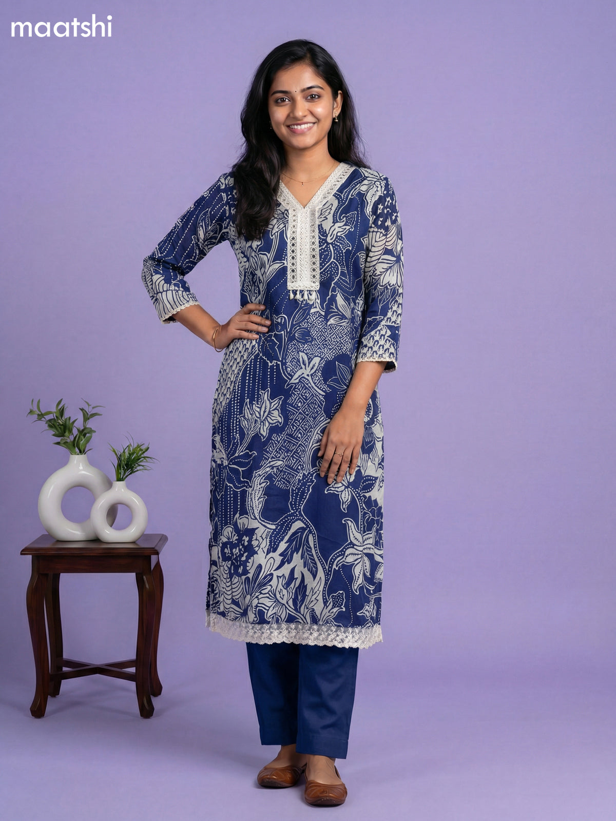 Navy Blue and Off White Chinnon Silk Printed & Mirror Work Pattern Straight Suit