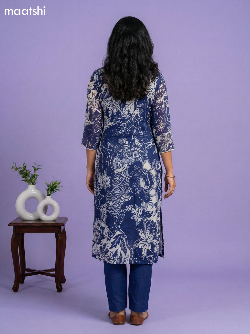 Navy Blue and Off White Chinnon Silk Printed & Mirror Work Pattern Straight Suit