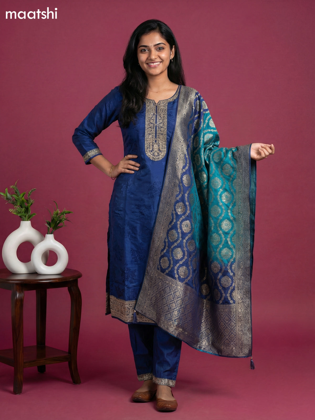 Blue and Teal Blue Art Tussar Embroidery Work & Jaccard Pattern Straight Suit