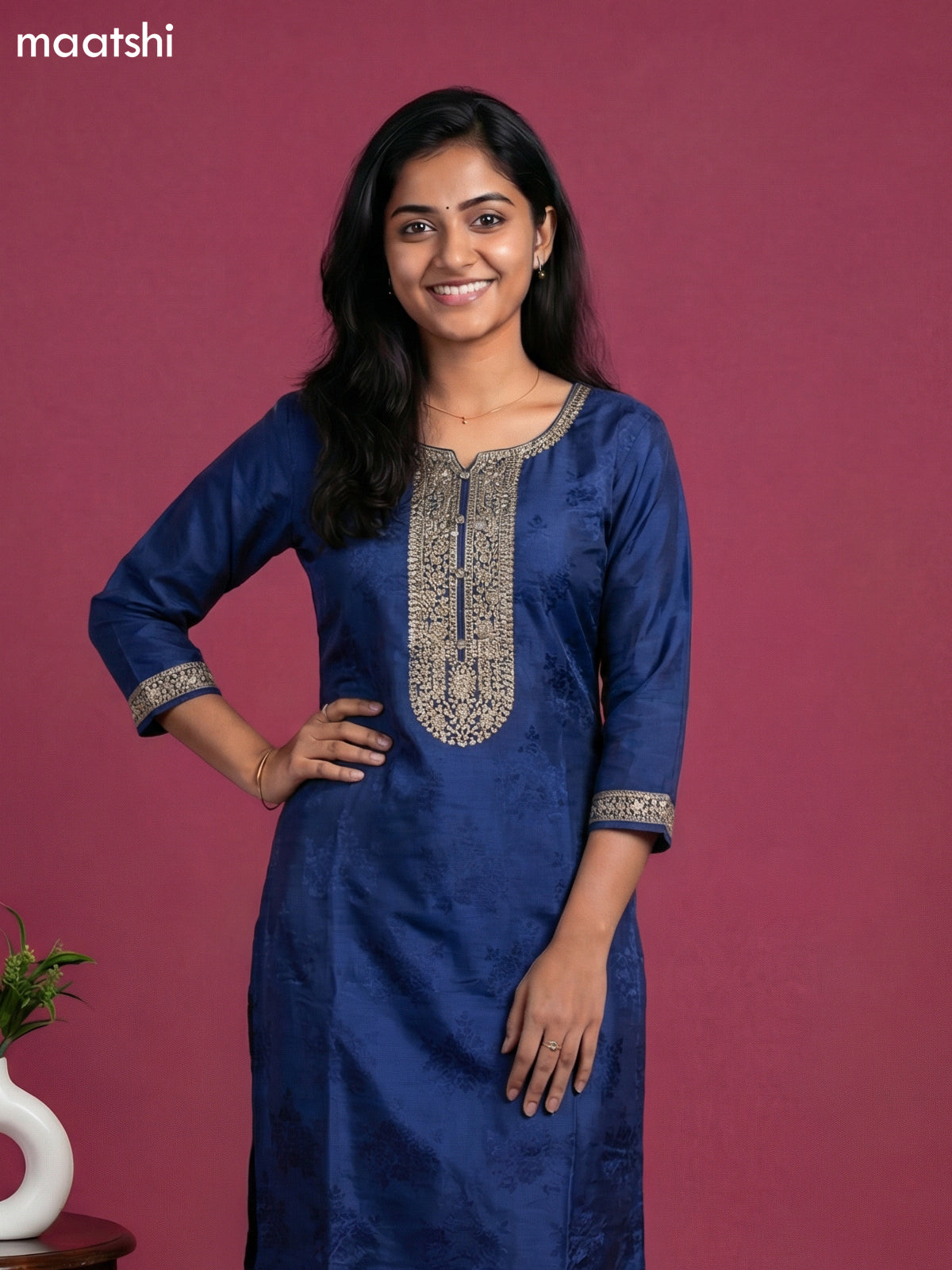 Blue and Teal Blue Art Tussar Embroidery Work & Jaccard Pattern Straight Suit