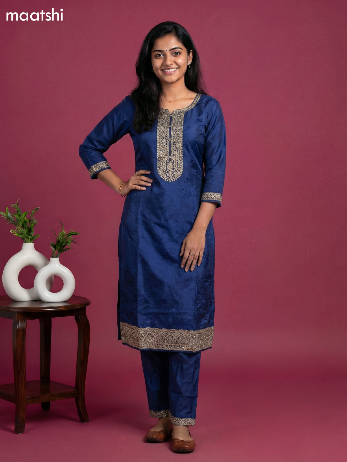 Blue and Teal Blue Art Tussar Embroidery Work & Jaccard Pattern Straight Suit