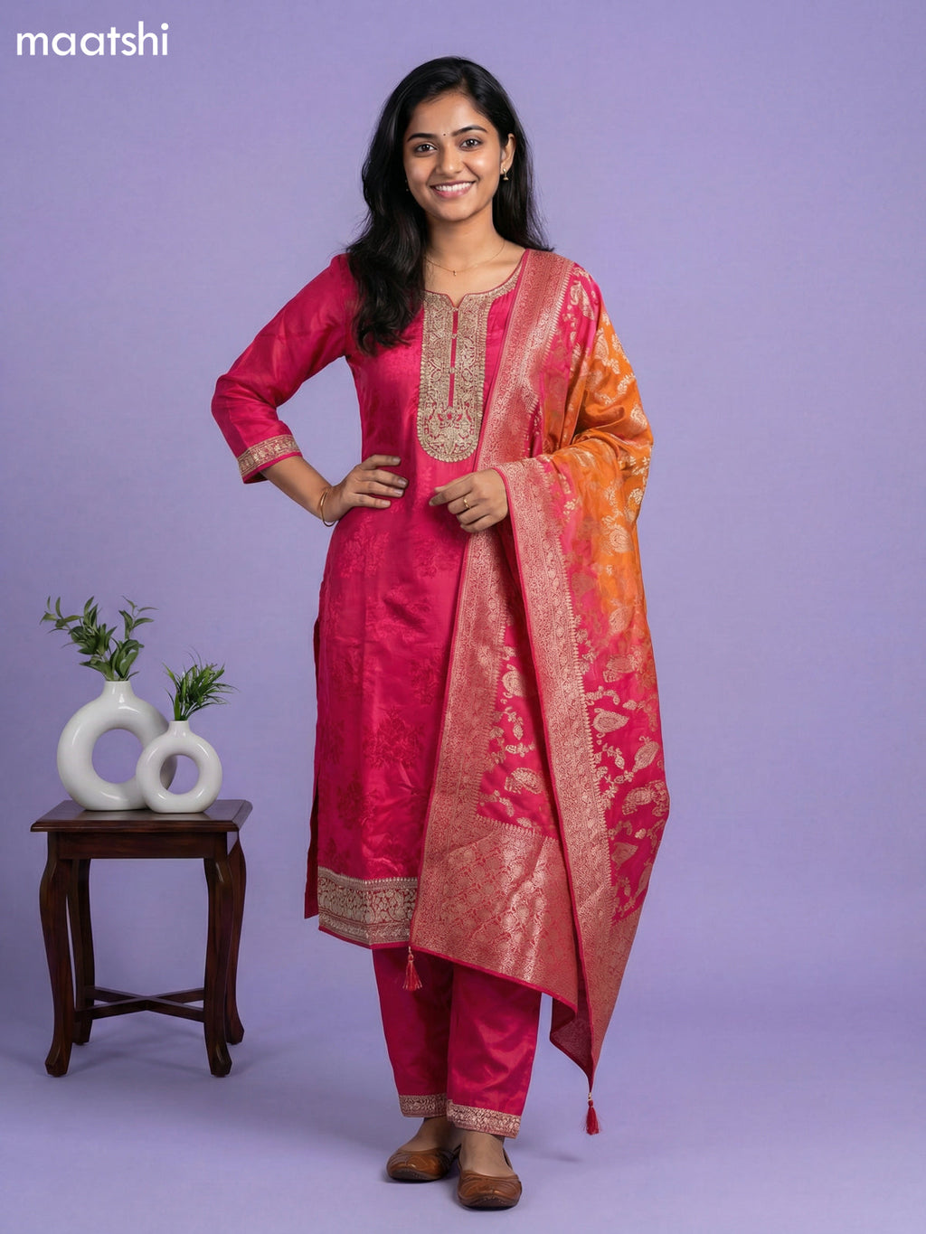 Pink and Orange Art Tussar Embroidery Work & Jaccard Pattern Straight Suit