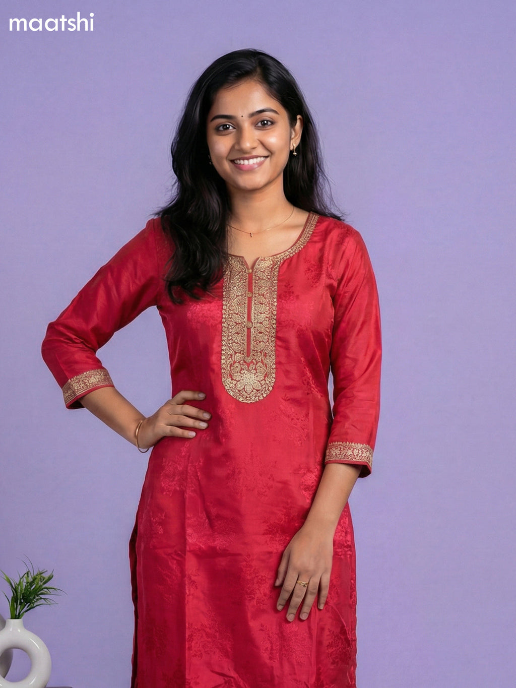 Pink and Orange Art Tussar Embroidery Work & Jaccard Pattern Straight Suit