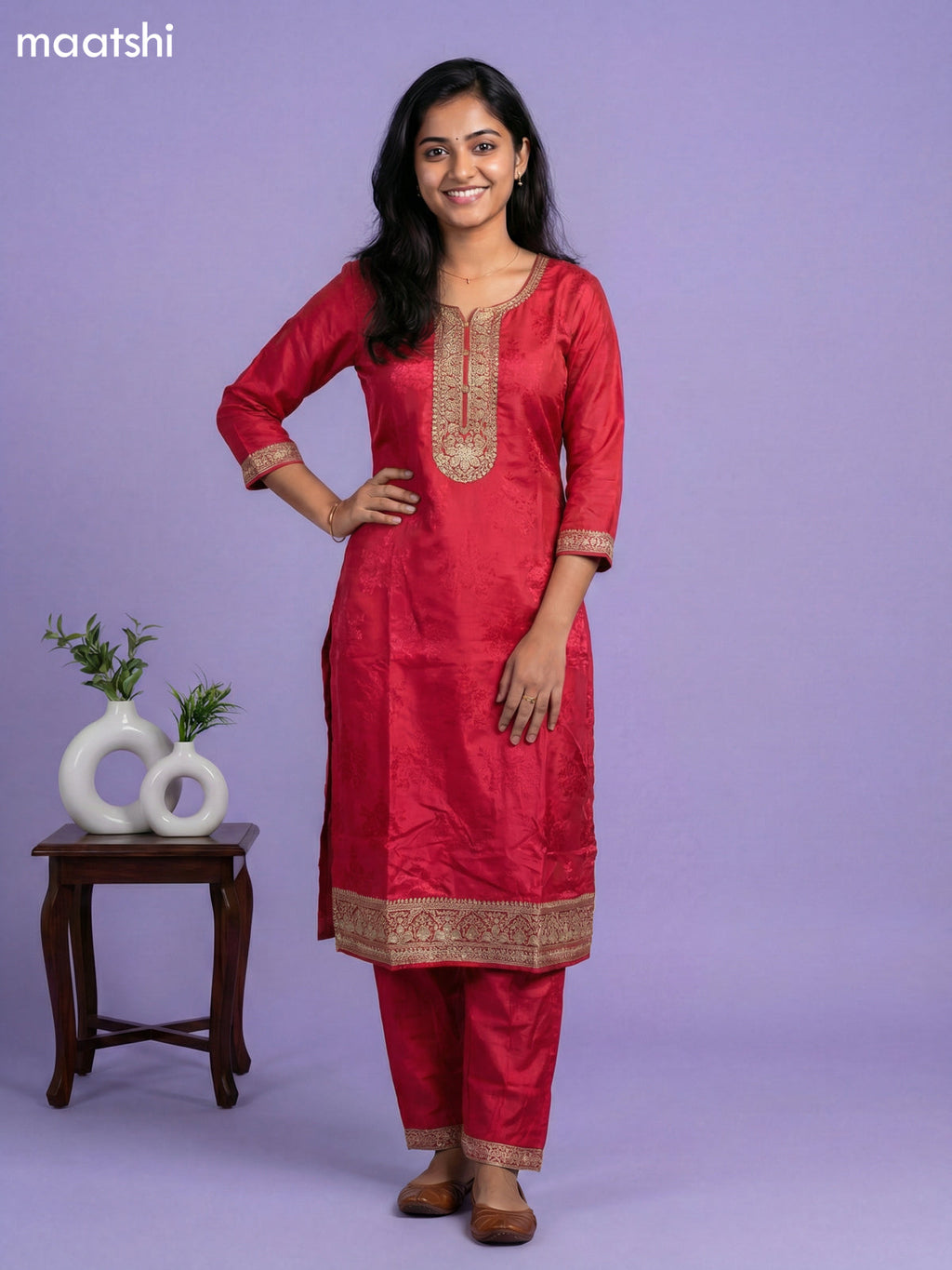 Pink and Orange Art Tussar Embroidery Work & Jaccard Pattern Straight Suit