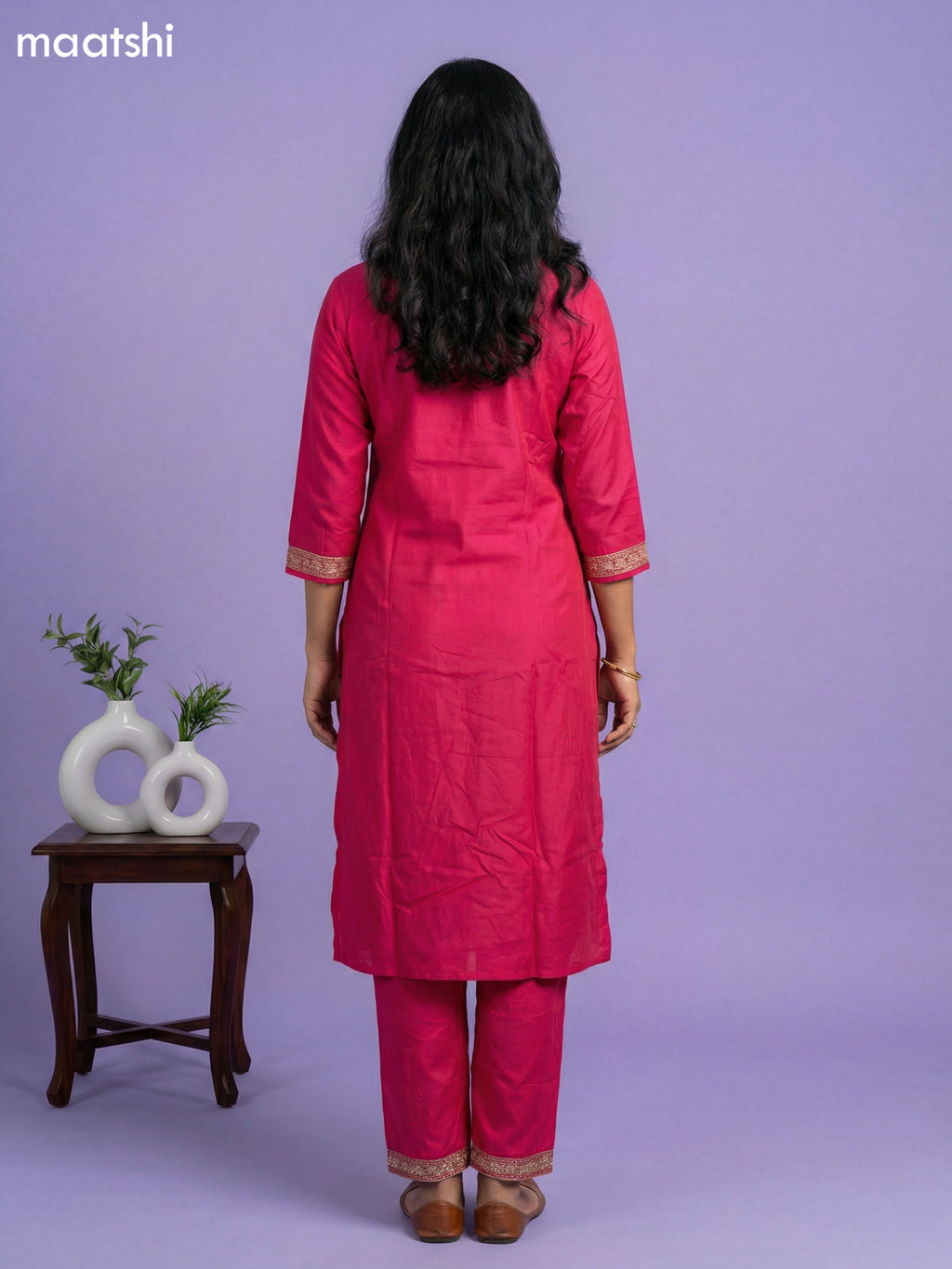 Pink and Orange Art Tussar Embroidery Work & Jaccard Pattern Straight Suit