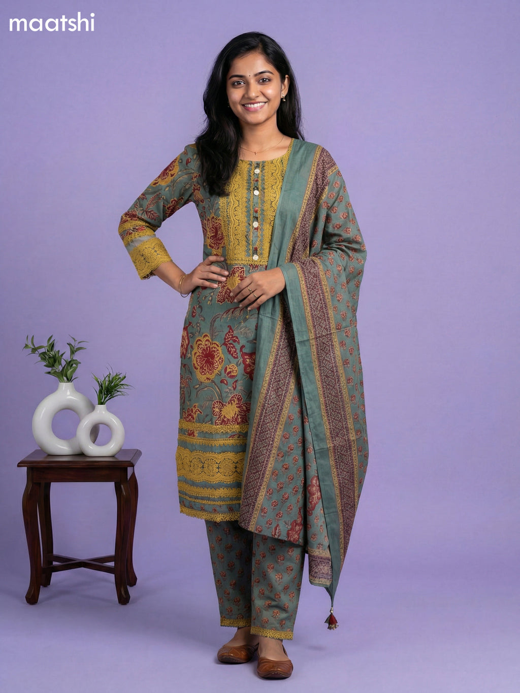 Pastel Green Cotton Floral Printed & Lace Work Straight Suit