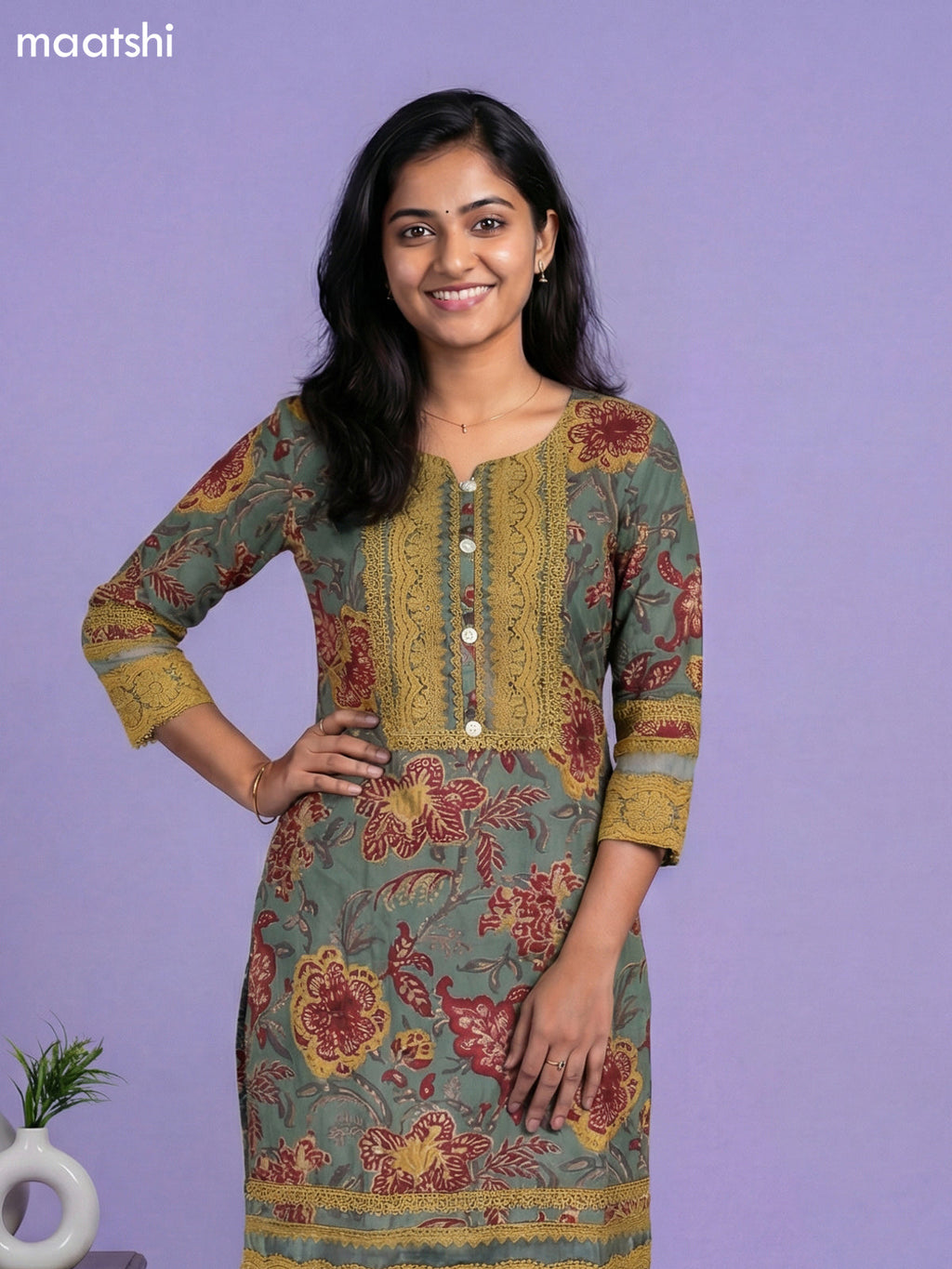 Pastel Green Cotton Floral Printed & Lace Work Straight Suit