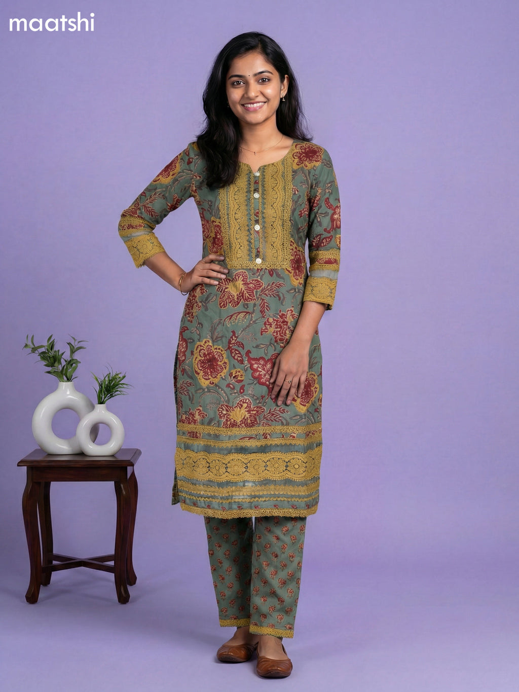 Pastel Green Cotton Floral Printed & Lace Work Straight Suit