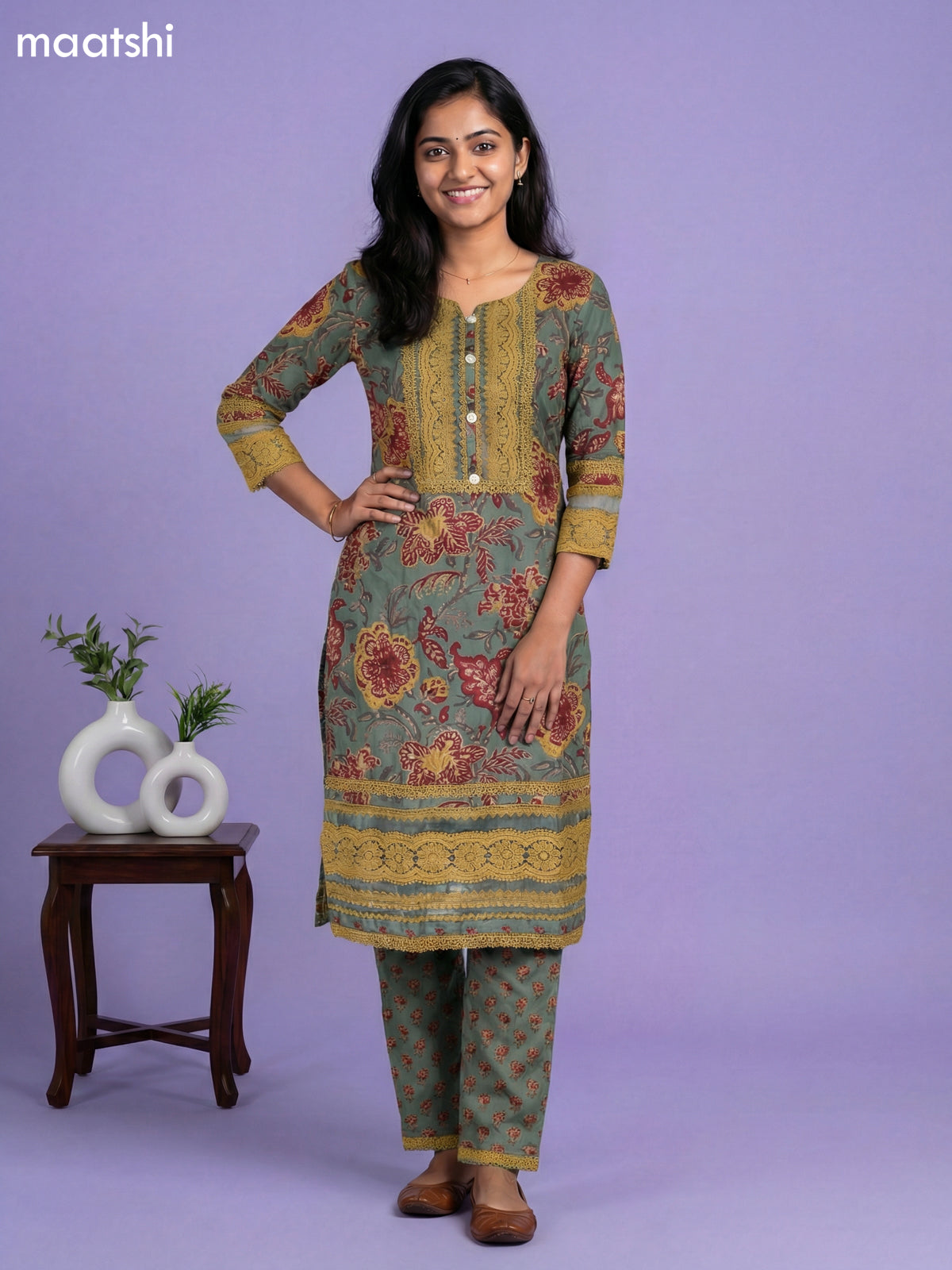 Pastel Green Cotton Floral Printed & Lace Work Straight Suit