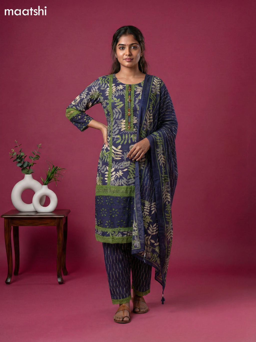 Navy Blue Cotton Printed & Lace Work Straight Suit