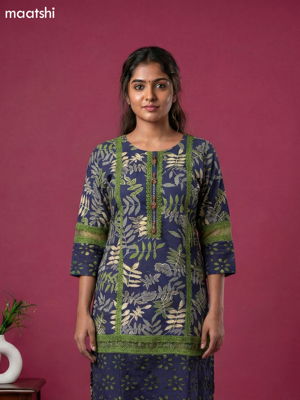 Navy Blue Cotton Printed & Lace Work Straight Suit