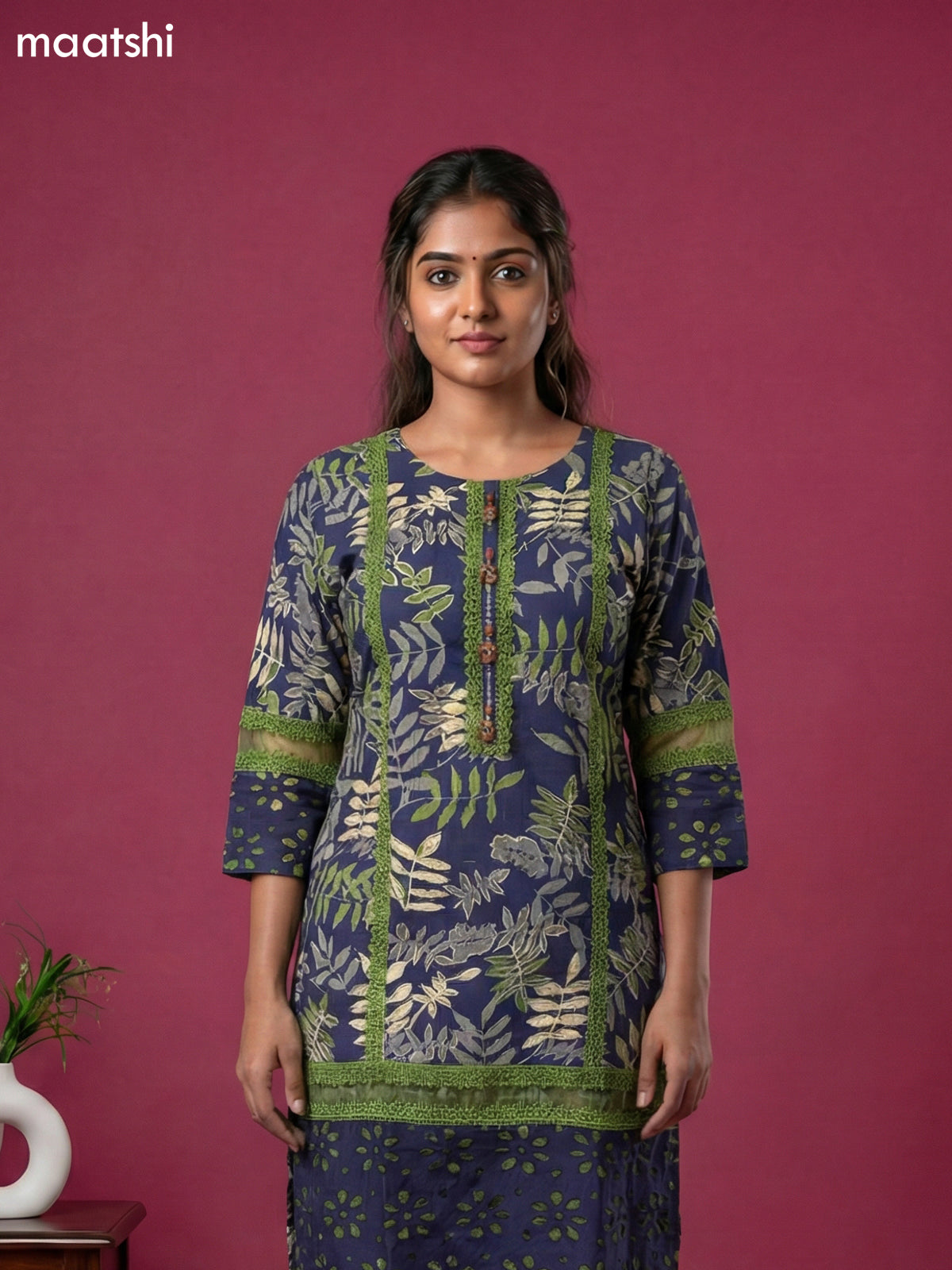 Navy Blue Cotton Printed & Lace Work Straight Suit