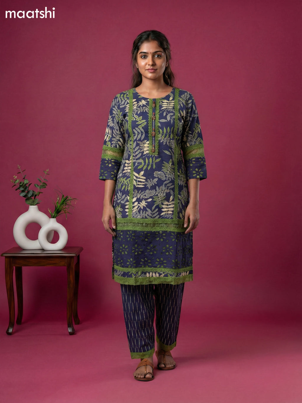 Navy Blue Cotton Printed & Lace Work Straight Suit