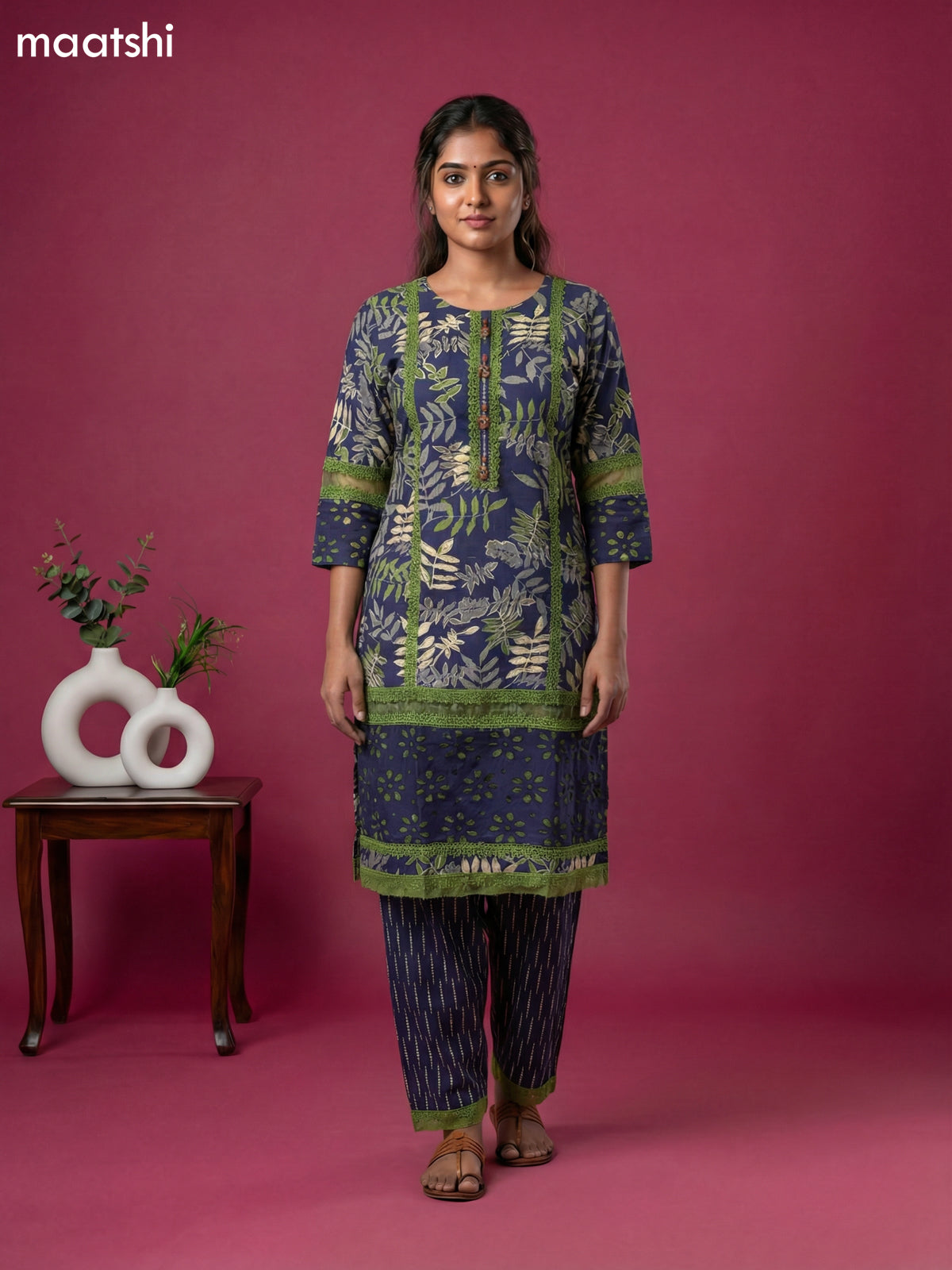 Navy Blue Cotton Printed & Lace Work Straight Suit