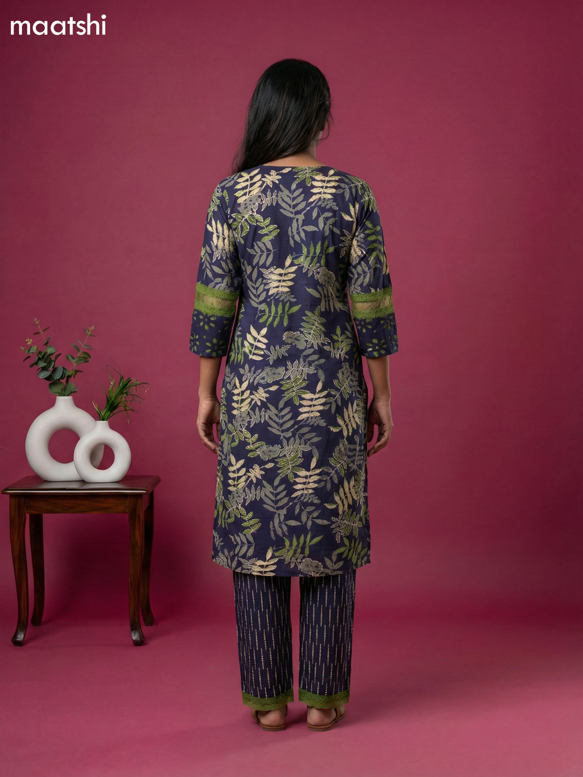 Navy Blue Cotton Printed & Lace Work Straight Suit