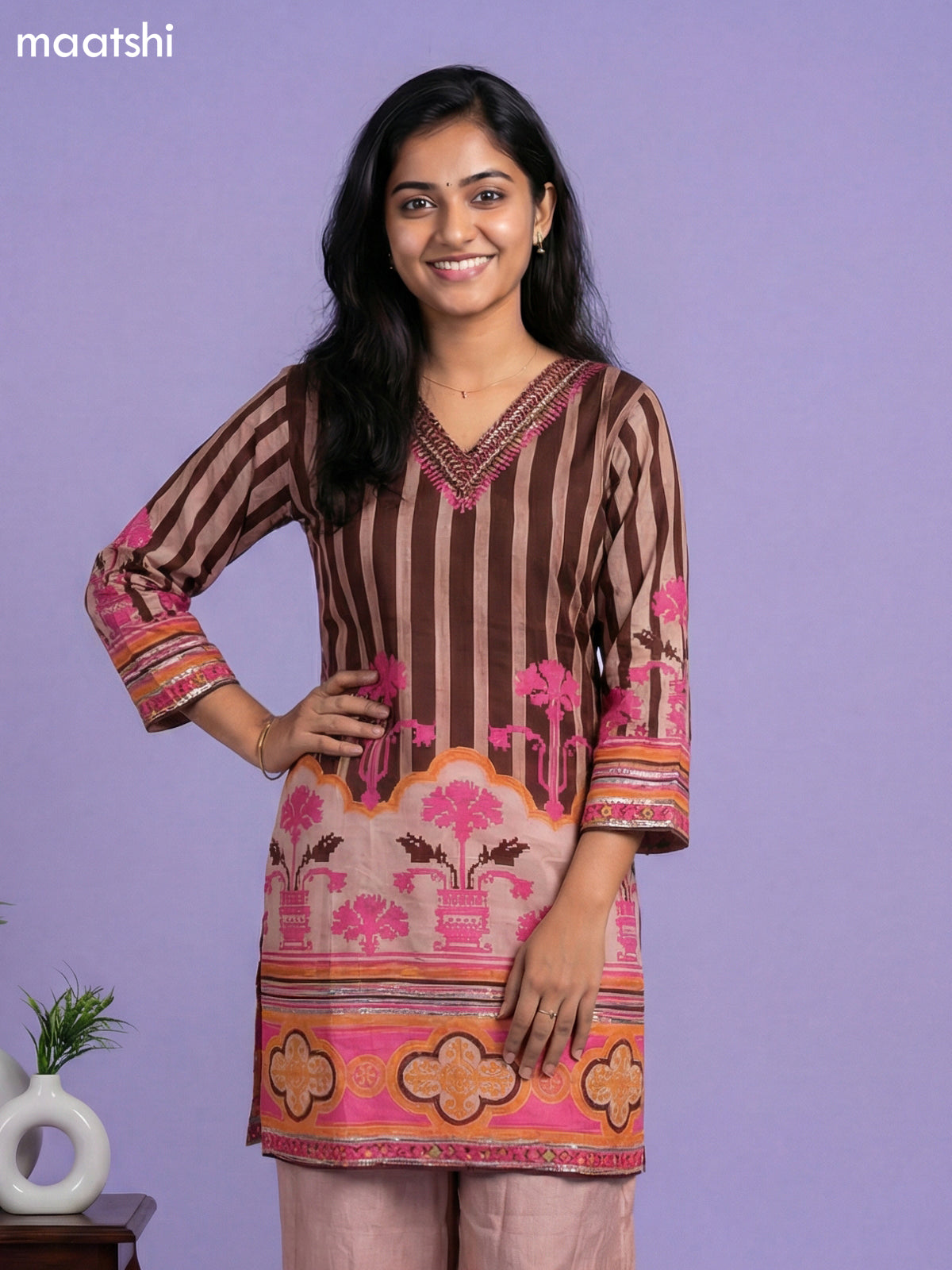 Pastel Brown and Brown Muslin Printed & Embroidery Work Kurti Set