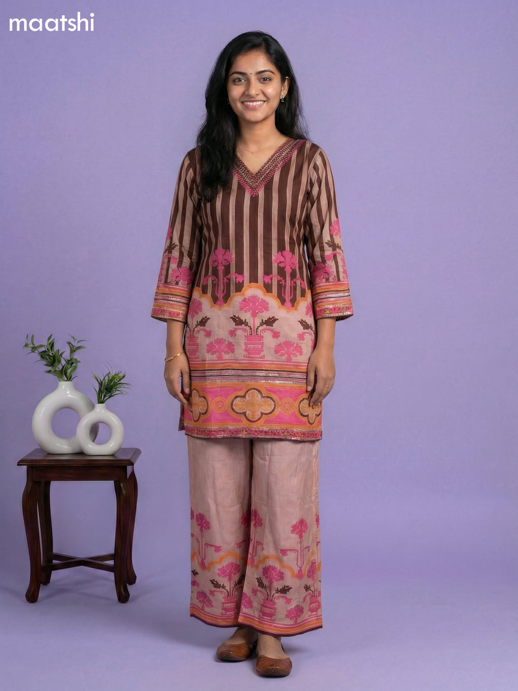 Pastel Brown and Brown Muslin Printed & Embroidery Work Kurti Set
