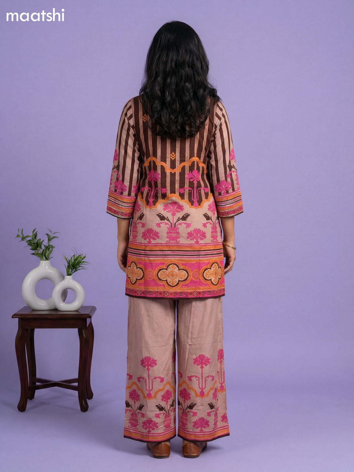 Pastel Brown and Brown Muslin Printed & Embroidery Work Kurti Set