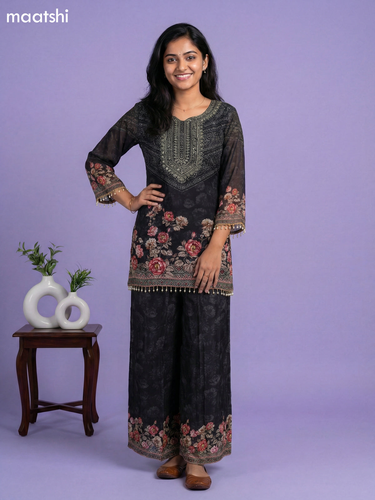 Black Crepe Silk Printed Fish Cut Kurti Set