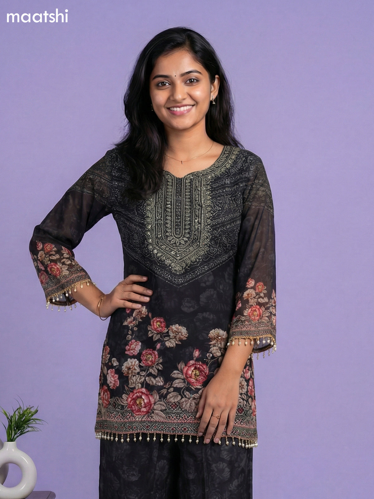 Black Crepe Silk Printed Fish Cut Kurti Set