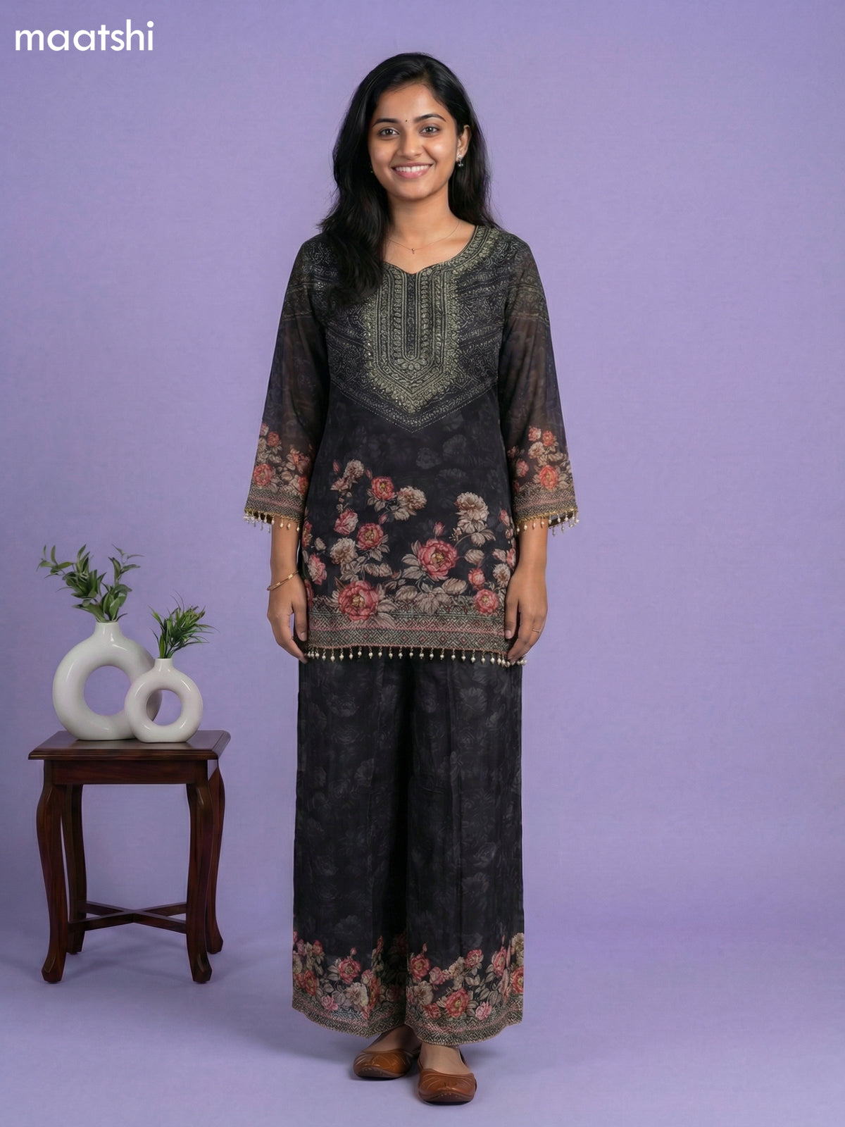 Black Crepe Silk Printed Fish Cut Kurti Set