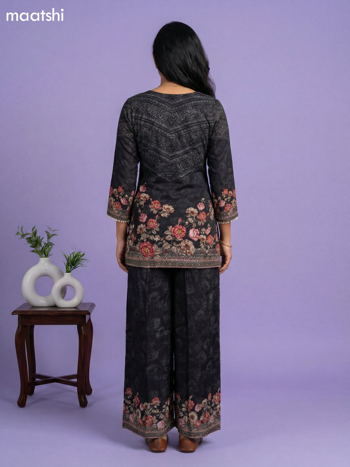 Black Crepe Silk Printed Fish Cut Kurti Set