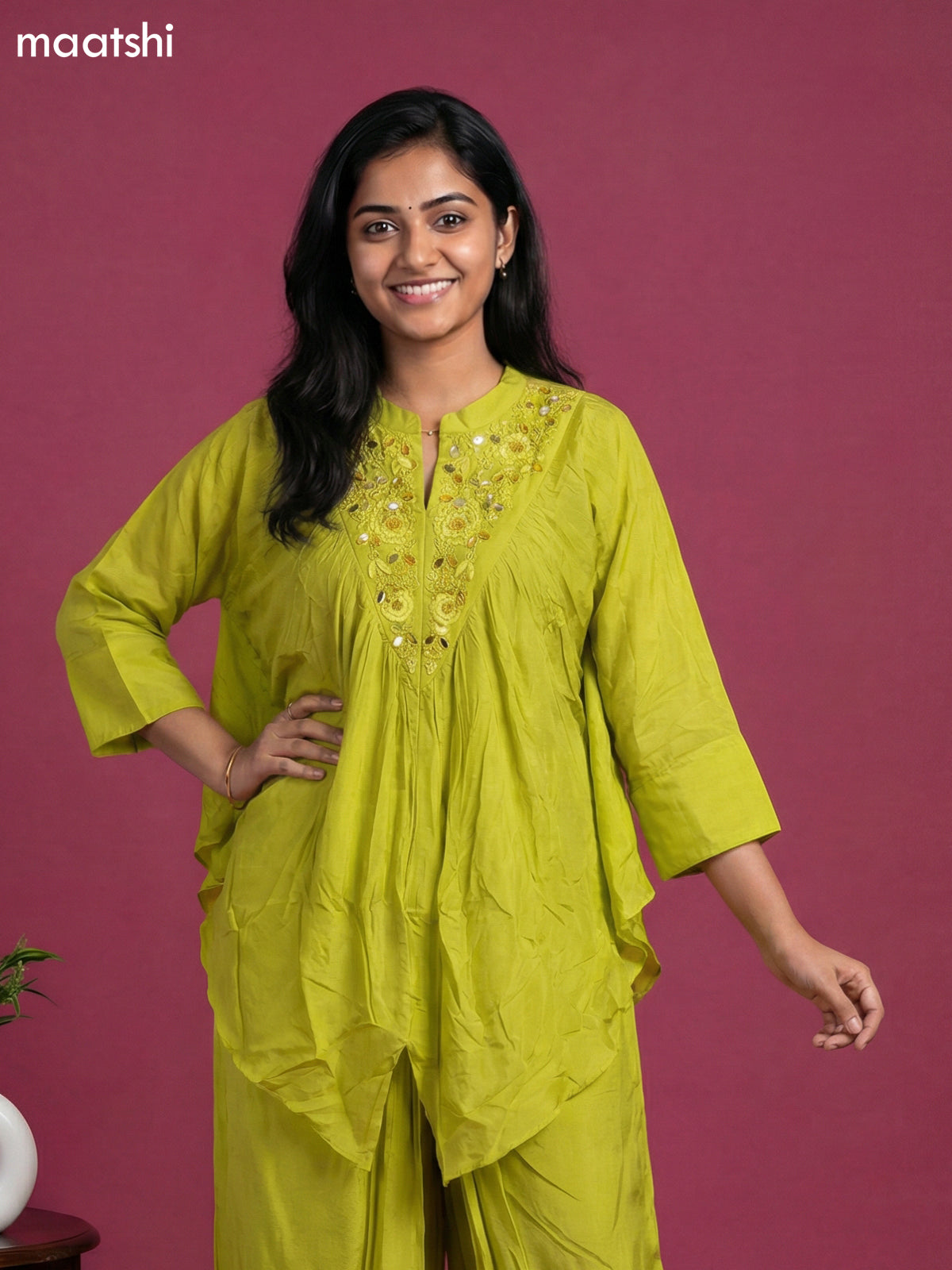 Lime Green Crepe Silk Printed Kaftan Dress