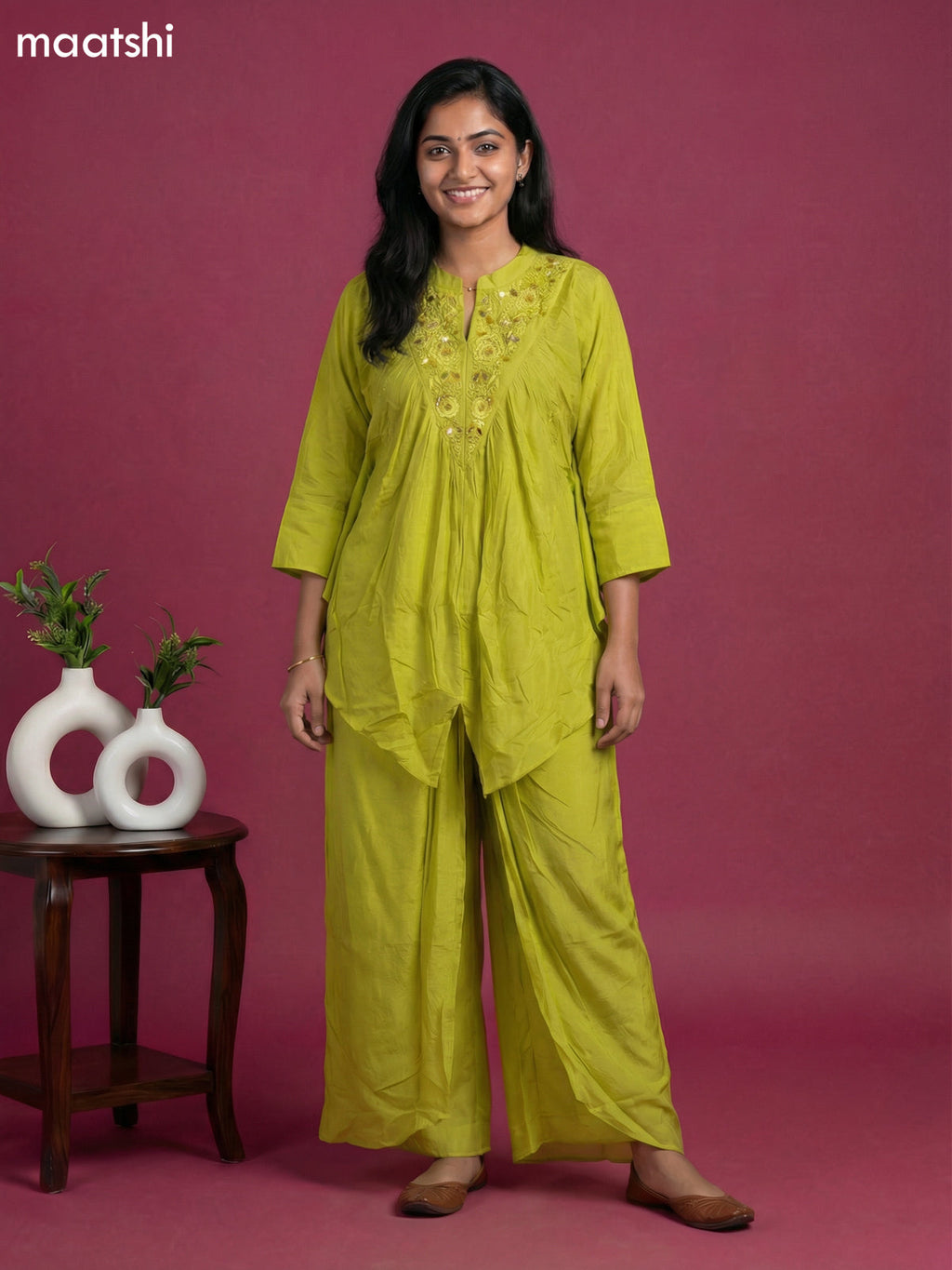 Lime Green Crepe Silk Printed Kaftan Dress