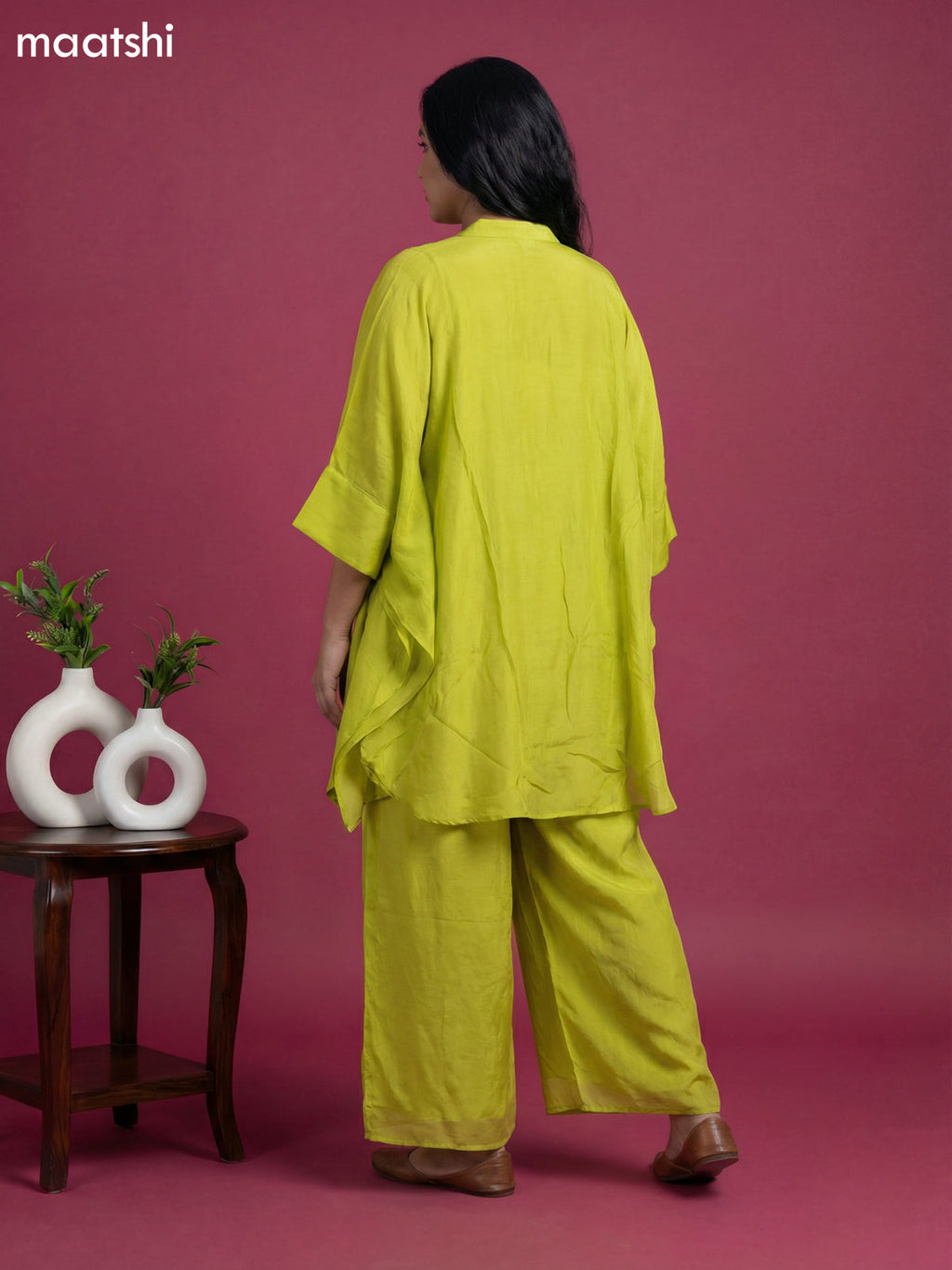 Lime Green Crepe Silk Printed Kaftan Dress