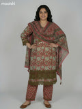 Red Shade and Sap Green Cotton Kalamkari Printed & Lace Work Straight Suit