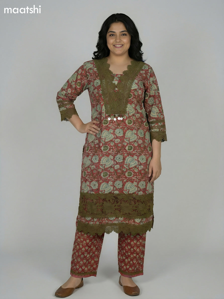 Red Shade and Sap Green Cotton Kalamkari Printed & Lace Work Straight Suit