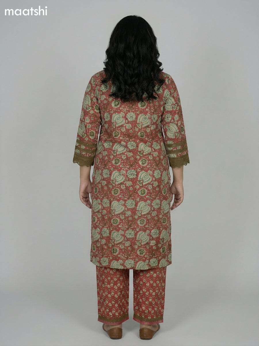 Red Shade and Sap Green Cotton Kalamkari Printed & Lace Work Straight Suit