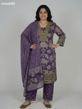 Violet and Sap Green Cotton Kalamkari Printed & Lace Work Straight Suit