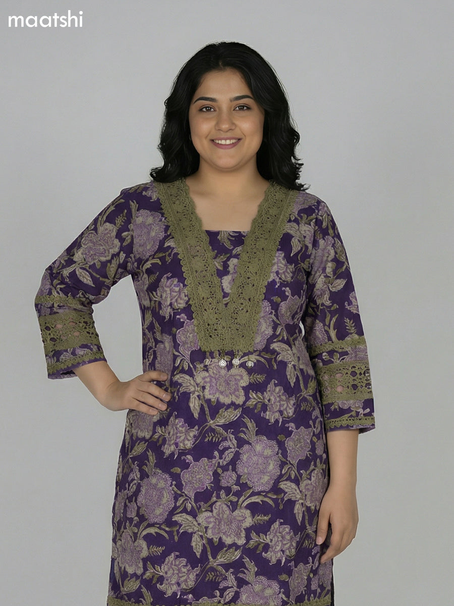 Violet and Sap Green Cotton Kalamkari Printed & Lace Work Straight Suit