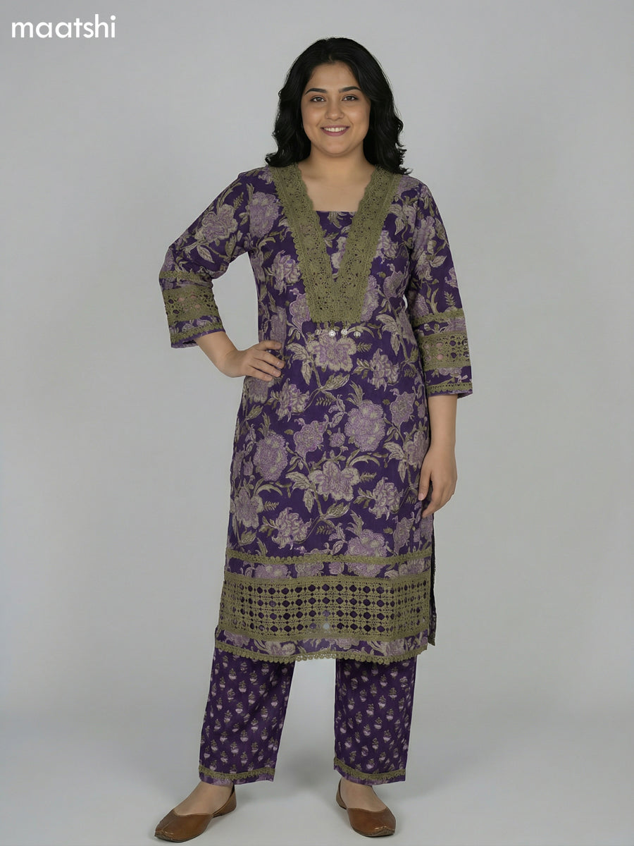 Violet and Sap Green Cotton Kalamkari Printed & Lace Work Straight Suit