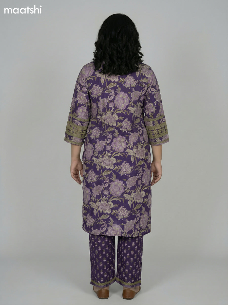 Violet and Sap Green Cotton Kalamkari Printed & Lace Work Straight Suit