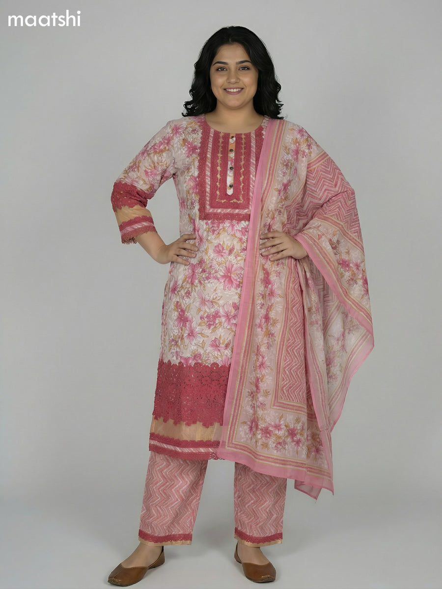 Cream and Pink Cotton Kalamkari Printed & Lace Work Straight Suit