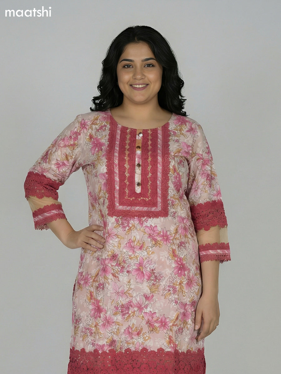 Cream and Pink Cotton Kalamkari Printed & Lace Work Straight Suit