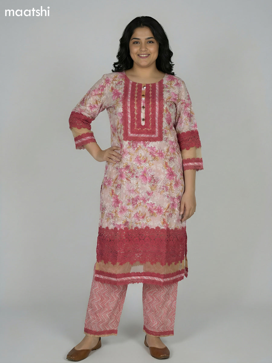 Cream and Pink Cotton Kalamkari Printed & Lace Work Straight Suit