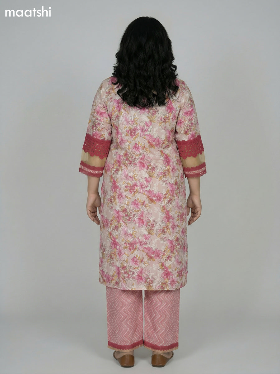 Cream and Pink Cotton Kalamkari Printed & Lace Work Straight Suit