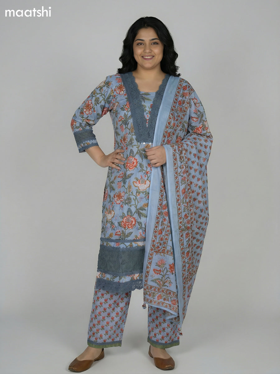 Pastel Blue Cotton Kalamkari Printed & Lace Work Straight Suit
