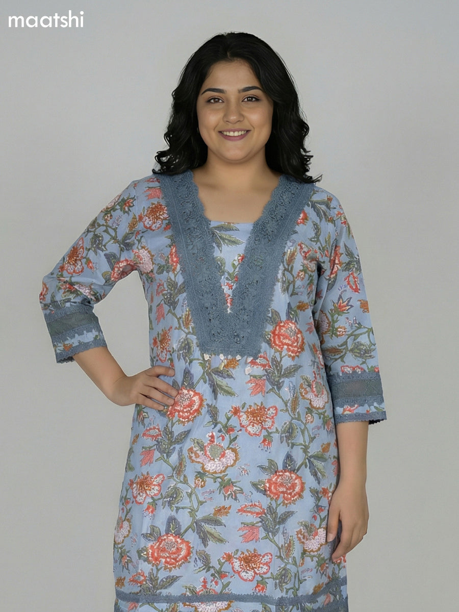 Pastel Blue Cotton Kalamkari Printed & Lace Work Straight Suit