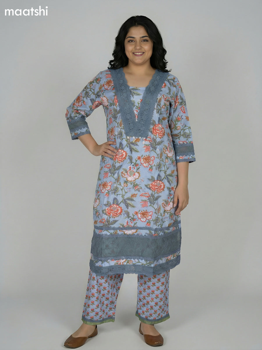 Pastel Blue Cotton Kalamkari Printed & Lace Work Straight Suit