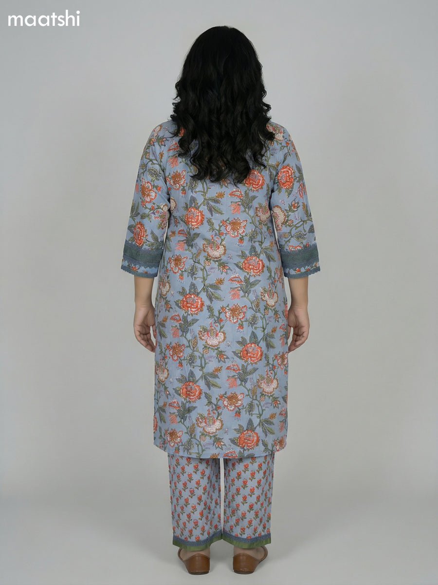 Pastel Blue Cotton Kalamkari Printed & Lace Work Straight Suit