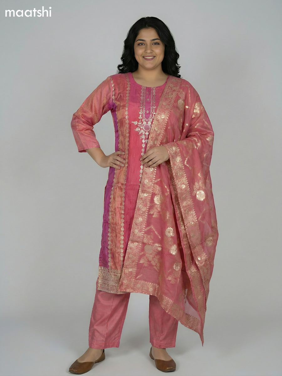 Peach Pink Tissue Embroidery Work Straight Suit